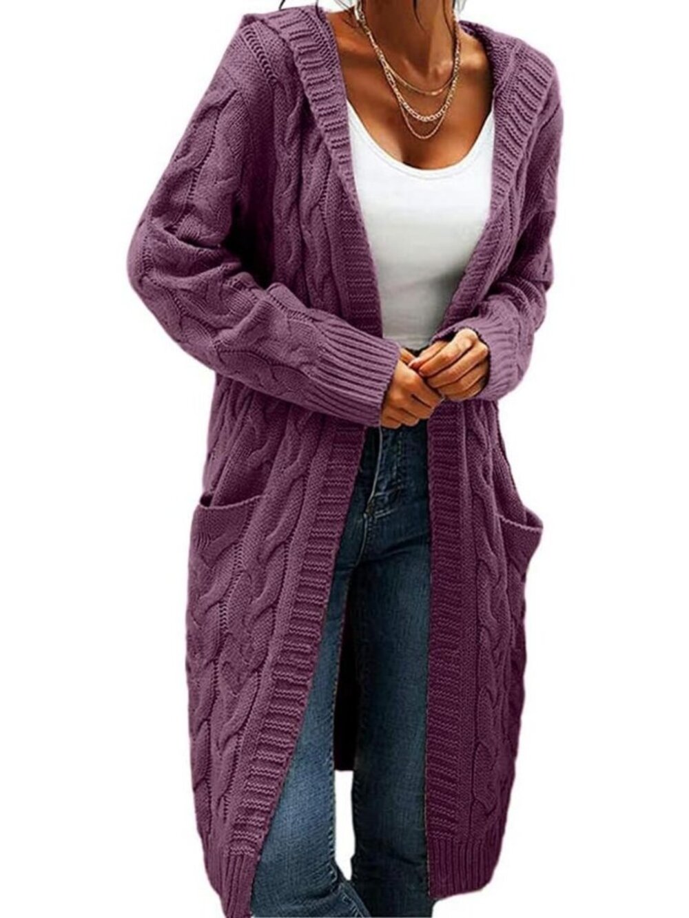 Cozy Hooded Open Front Cardigan | Chunky Cable Knit Long Sweater Coat for Women